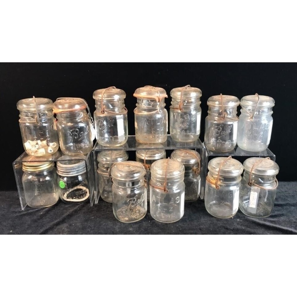 Vintage Lot of 14‎ Wire Bail Lid Jars Ball Ideal Atlas EZ Seal Glass Canning + 2